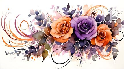 watercolor effect bouquet of orange and purple roses in a white background