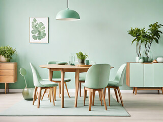 Mint color chairs at round wooden dining table in room with sofa and cabinet near green wall. Scandinavian, mid-century home interior design of modern living room.