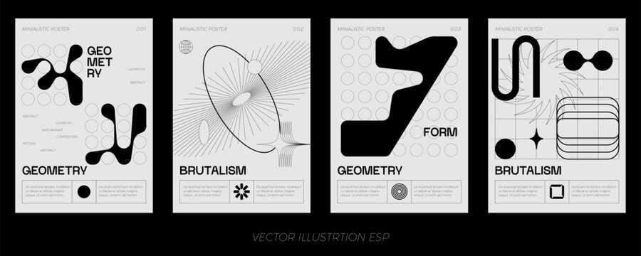 Retro futuristic vector minimalistic Posters with silhouette basic figures, Modern monochrome print brutalism, extraordinary graphic elements of geometrical shapes composition.