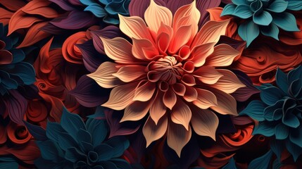 Bright floral background. Wallpaper with Peach Fuzz color. Concept of symmetry and perfectionism. Play of light and shadow