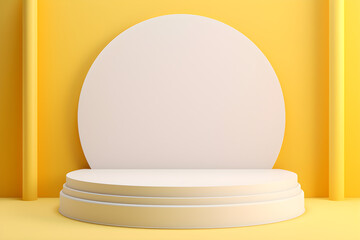 White realistic 3d cylinder pedestal podium with pastel yellow in semi circle backdrop for product.Abstract vector rendering geometric platform. Product display presentation. Minimal screen