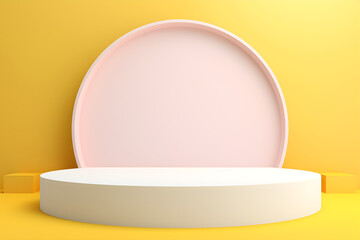 White realistic 3d cylinder pedestal podium with pastel yellow in semi circle backdrop for product.Abstract vector rendering geometric platform. Product display presentation. Minimal screen