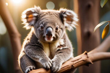 Naklejka premium Close-up portrait of a cute small koala sitting on branch, looking at camera, cinematic light, selective focus, golden backlight