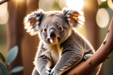 Close-up portrait of a cute small koala sitting on branch, looking at camera, cinematic light, selective focus, golden backlight - obrazy, fototapety, plakaty