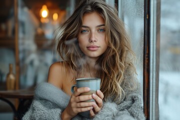 woman with a captivating presence sits by the window, holding a steaming cup of coffee
