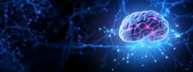 Human Brain Synapse and Neural Network Sparks. Neon Violet and Electric Blue Colors Futuristic Horizontal Banner with Copy Space. AI Generated.