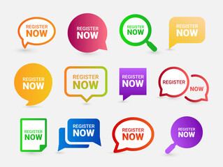 Register now quick tips speech bubble magnifying glass icon design template set vector illustration