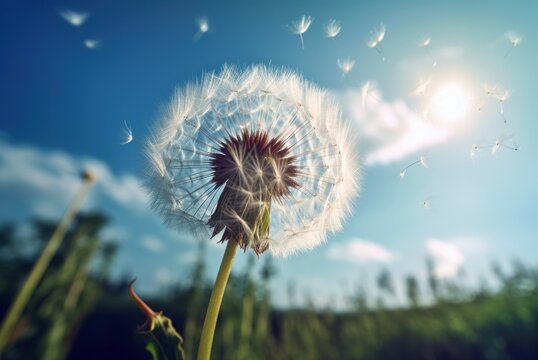 Dandelion blue sky. Original and interesting flower with white pillow head. Generate AI