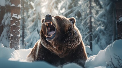 Brown bear in winter forest.. Generative AI - obrazy, fototapety, plakaty