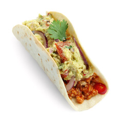 Delicious taco with guacamole and vegetables isolated on white