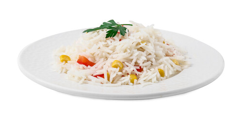Delicious rice with vegetables and parsley isolated on white