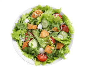 Delicious salad with chicken and vegetables in bowl isolated on white, top view