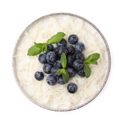 Delicious rice porridge with blueberries and mint isolated on white, top view