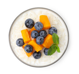 Delicious rice porridge with blueberries and pumpkin isolated on white, top view