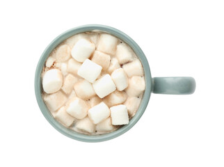 Fototapeta na wymiar Cup of aromatic hot chocolate with marshmallows isolated on white, top view