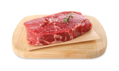 Board with steak of raw beef meat and spices isolated on white