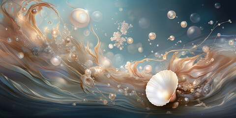 on the waves of the raging ocean there are many shining mother-of-pearl pearls and a shell, glamorous desktop wallpaper, background, cover,