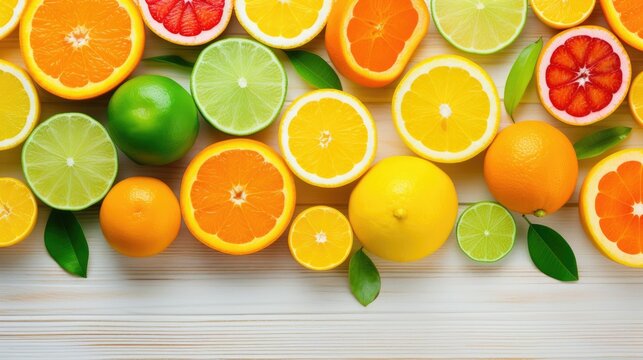 Citrus fruits on wood.. Generative AI
