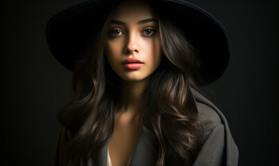 Serious Young Girl with Dark Hair Wearing a Wide-Brimmed Hat and Overcoat, Vintage Style Portrait on a Dark Background