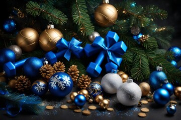 Obraz na płótnie Canvas a festive sports-themed composition celebrating Christmas, featuring vibrant blue sports dumbbells, a beautifully wrapped gift, lush fir tree branches, and festive Christmas ornaments.