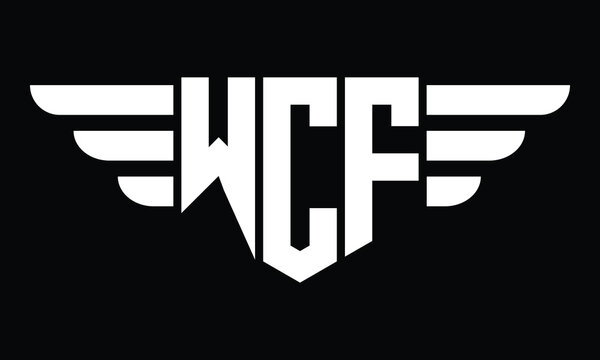 WCF three letter logo, creative wings shape logo design vector template. letter mark, word mark, monogram symbol on black & white.	