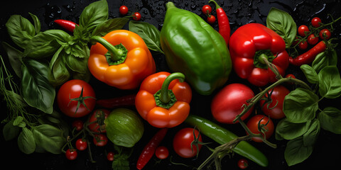 Small Cherry Tomatoes, Peppers, Cucumbers, Basil Leaf on Black Background