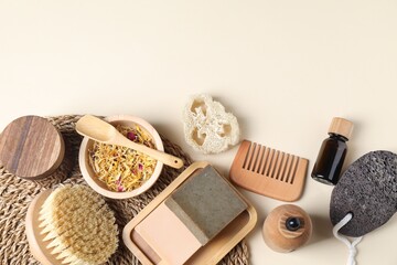 Bath accessories. Flat lay composition with personal care products on beige background, space for text