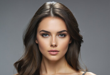 Fototapeta premium Beautiful brunette girl in move with a perfectly smooth hair, and classic make-up. Beauty face. Picture taken in the studio.