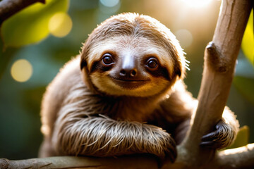 Fototapeta premium Close-up portrait of a cute small sloth sitting on branch, looking at camera, cinematic light, selective focus, golden backlight