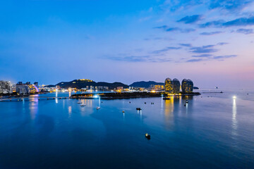 Fototapeta premium Night view aerial photography of Phoenix Island and skyline in Sanya Bay, Hainan, China
