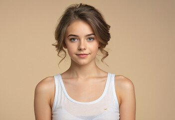 Portrait of cute charming nice pretty teen teenager look hairstyle hair feel glad attractive lovely wear white light-colored top singlet isolated pastel beige background