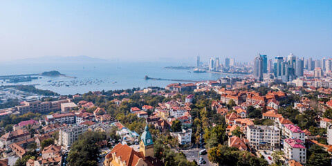 Aerial photography of Qingdao Christian Church and Pier in Nanqu District, Qingdao, Shandong, China