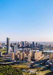 Fototapeta premium Aerial photography of the skyline of cities along the Haihe River in Tianjin Binhai New Area, China