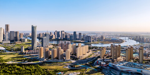 Aerial photography of the skyline of cities along the Haihe River in Tianjin Binhai New Area, China