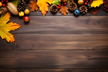 colorful fall leaves nuts and pine cones corner border, Colorful autumn leaves, nuts and pine cones. Side border over a rustic dark background. Above view with copy space.