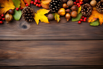 colorful fall leaves nuts and pine cones corner border, Colorful autumn leaves, nuts and pine cones. Side border over a rustic dark background. Above view with copy space.