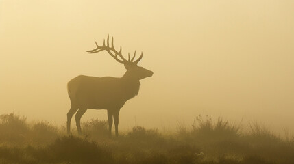 Red deer stag silhouette in the mist. AI Generative