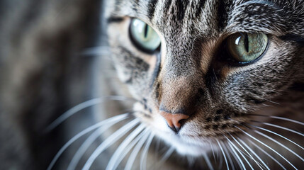 Naklejka na ściany i meble a cat portrait close up. Portrait of a beautiful gray striped cat close up. AI Generative