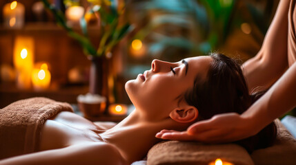 Woman enjoying a relaxing head and neck massage at a serene spa. 