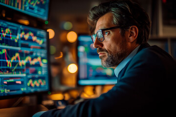 Focused stock broker analyzing market data on screens.
Shallow field of view.