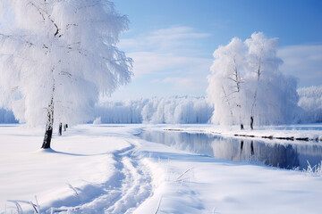 Obraz na płótnie Canvas winter landscape with snow covered trees. Generative Ai