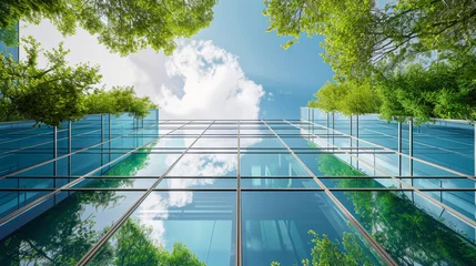 Fotobehang Architecture image with a modern glass building with a lot of green plants trees and bushes for business architecture environmental friendly and eco-concept © Keitma