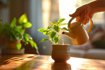 Person watering a small green plant in a pot in home office room - obrazy, fototapety, plakaty