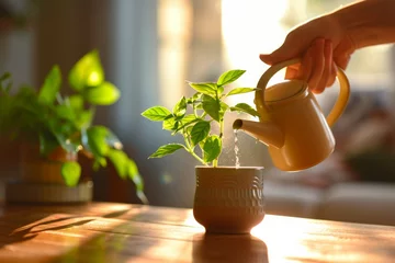 Keuken spatwand met foto Person watering a small green plant in a pot in home office room © Keitma