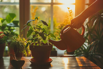 Person watering a small green plant in a pot in home office room - Powered by Adobe