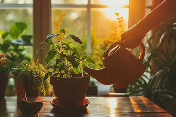 Foto op Canvas Person watering a small green plant in a pot in home office room © Keitma