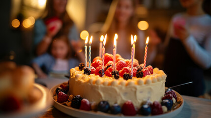 Creamy birthday cake with colorful berries and candles with family at home in blurred background ,...