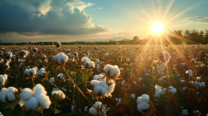 Scenic view of a cotton field with sun light - obrazy, fototapety, plakaty