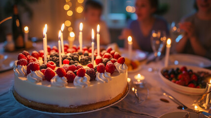 Creamy birthday cake with colorful berries and candles with family at home in blurred background , group of people celebrating relative birthday party - Powered by Adobe