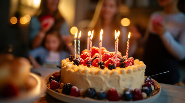 Creamy birthday cake with colorful berries and candles with family at home in blurred background , group of people celebrating relative birthday party